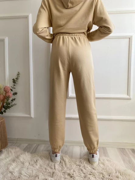 Kadın Kapüşonlu Paçası Lastikli Eşofman Takımı Bej - 7