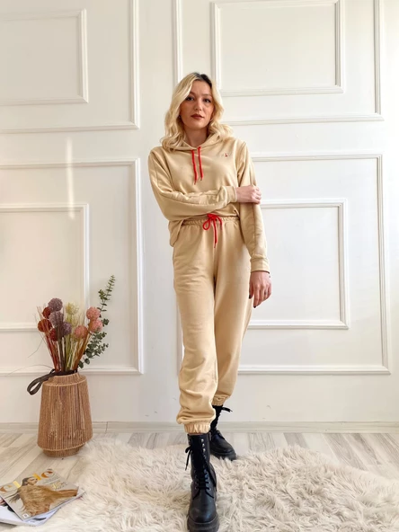 Kadın Kapüşonlu Paçası Lastikli Eşofman Takımı Bej - 2