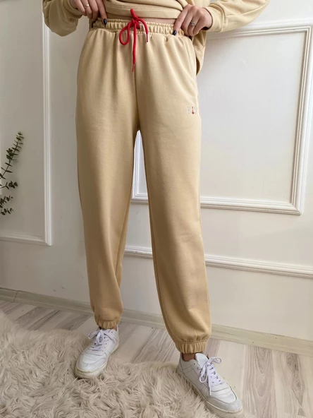 Kadın Kapüşonlu Paçası Lastikli Eşofman Takımı Bej - 4