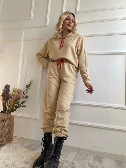 Kadın Kapüşonlu Paçası Lastikli Eşofman Takımı Bej - 6