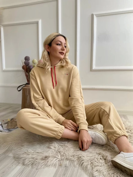 Kadın Kapüşonlu Paçası Lastikli Eşofman Takımı Bej - 3