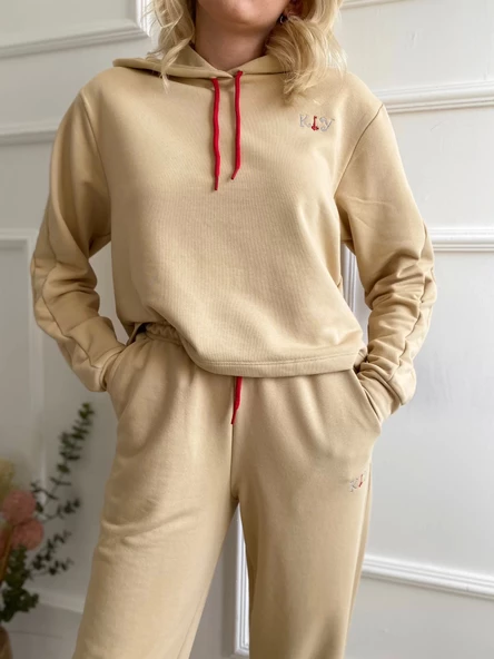 Kadın Kapüşonlu Paçası Lastikli Eşofman Takımı Bej - 8