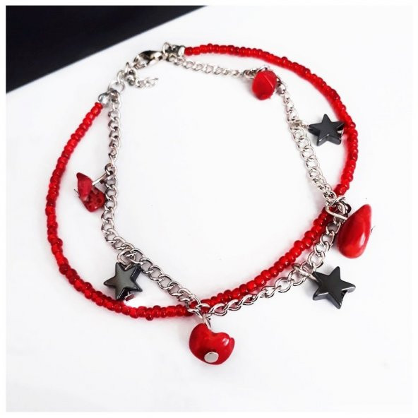 Mercan & Hematit Doğal Taş Kadın Yıldız İkili Halhal