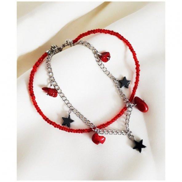 Mercan & Hematit Doğal Taş Kadın Yıldız İkili Halhal - 2