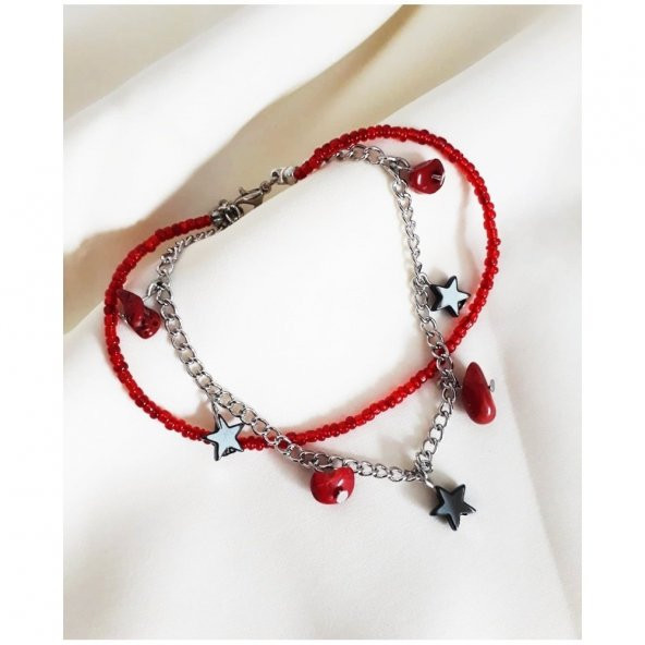 Mercan & Hematit Doğal Taş Kadın Yıldız İkili Halhal - 3