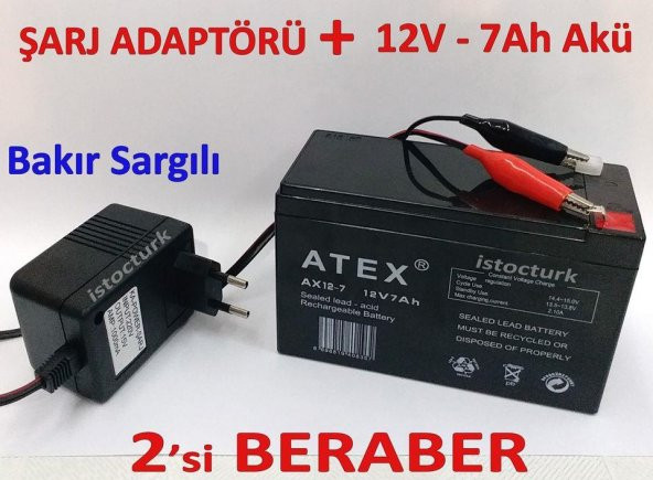 12V 7Ah Kuru Tip Akü ile Bakır Sargılı Orjinal Şarj Adaptörü Seti Aydınlatma-Akülü Araba-Alarm Akü