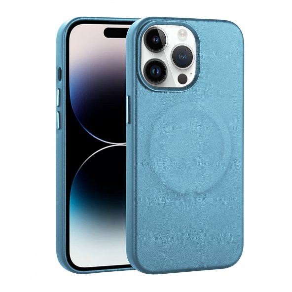 KNY Apple İphone 14 Pro Max Kılıf Magsafeli Suni Deri Derix Kapak Mavi