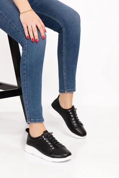 Artı-Artı031-0082 Kadın Hakiki Deri Ortopedik Siyah Sneaker Ayakkabı - 2