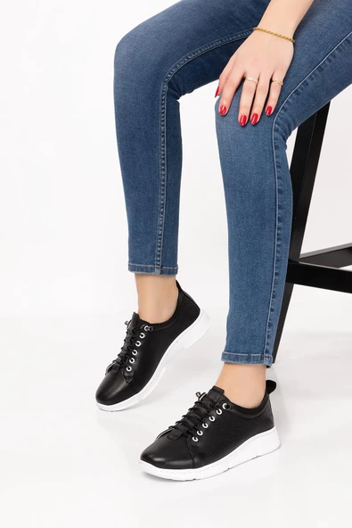 Artı-Artı031-0082 Kadın Hakiki Deri Ortopedik Siyah Sneaker Ayakkabı - 5