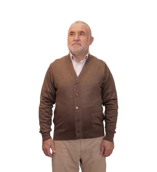 KEHİLA Erkek Kahverengi Baba Hırkası Önden Zarif Düğmeli Klasik Çift Cepli Rahat Kesim Ince Yün Triko - 3