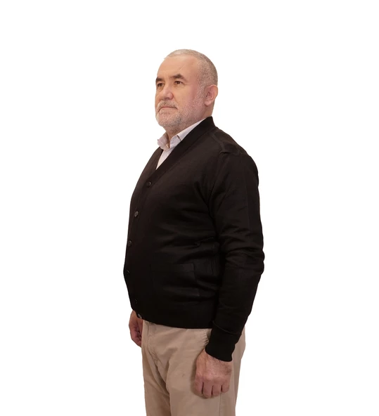 KEHİLA Erkek Siyah Baba Hırkası Önden Zarif Düğmeli Klasik Çift Cepli Rahat Kesim Ince Yün Triko - 2