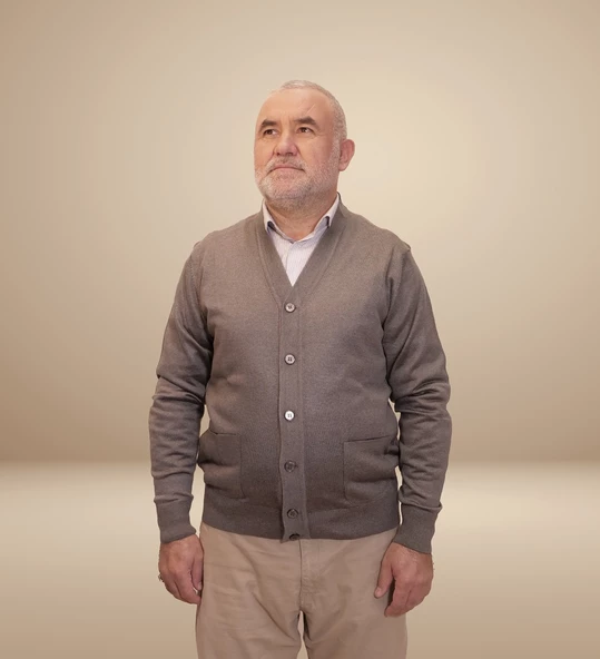 KEHİLA Erkek Gri Baba Hırkası Önden Zarif Düğmeli Klasik Çift Cepli Rahat Kesim Ince Yün Triko - 6