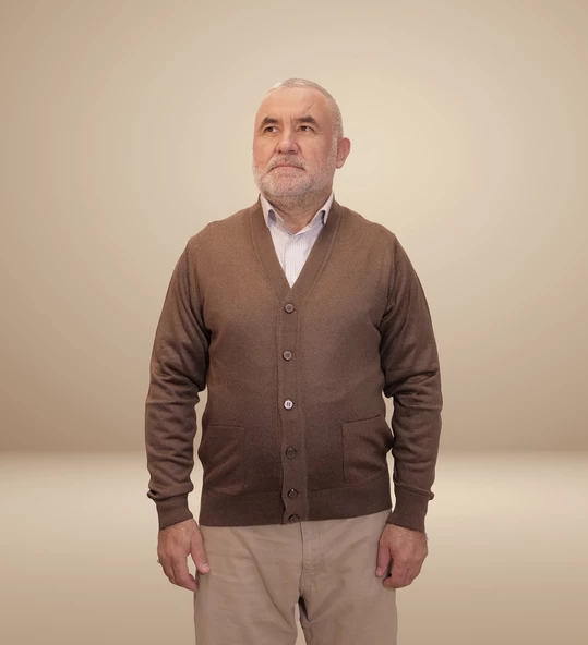 KEHİLA Erkek Kahverengi Baba Hırkası Önden Zarif Düğmeli Klasik Çift Cepli Rahat Kesim Ince Yün Triko - 6