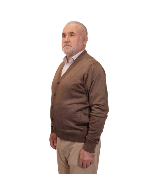 KEHİLA Erkek Kahverengi Baba Hırkası Önden Zarif Düğmeli Klasik Çift Cepli Rahat Kesim Ince Yün Triko - 2