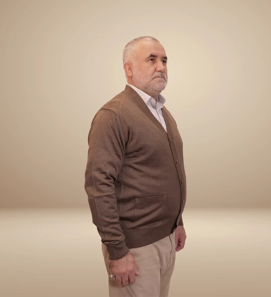 KEHİLA Erkek Kahverengi Baba Hırkası Önden Zarif Düğmeli Klasik Çift Cepli Rahat Kesim Ince Yün Triko - 4