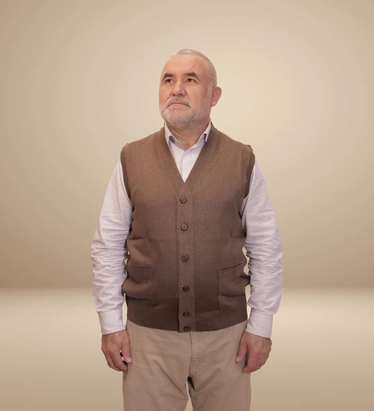 KEHİLA Erkek Kahverengi Baba Yeleği Önden Zarif Düğmeli Klasik Çift Cepli Rahat Kesim Ince Yün Triko - 6