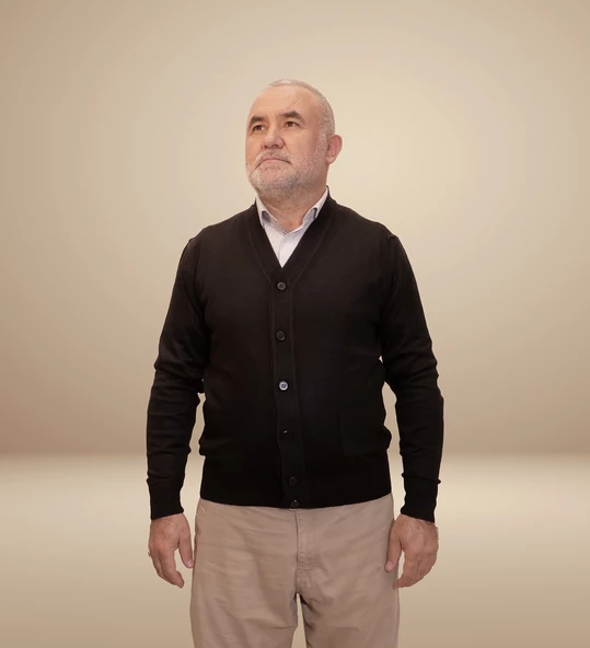 KEHİLA Erkek Siyah Baba Hırkası Önden Zarif Düğmeli Klasik Çift Cepli Rahat Kesim Ince Yün Triko - 6