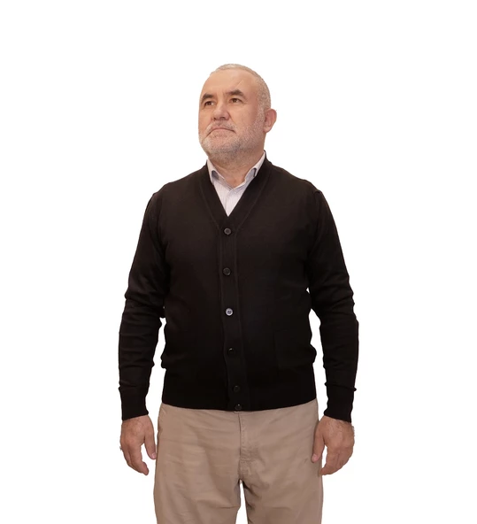 KEHİLA Erkek Siyah Baba Hırkası Önden Zarif Düğmeli Klasik Çift Cepli Rahat Kesim Ince Yün Triko - 3