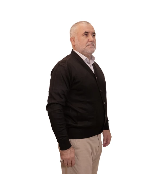 KEHİLA Erkek Siyah Baba Hırkası Önden Zarif Düğmeli Klasik Çift Cepli Rahat Kesim Ince Yün Triko