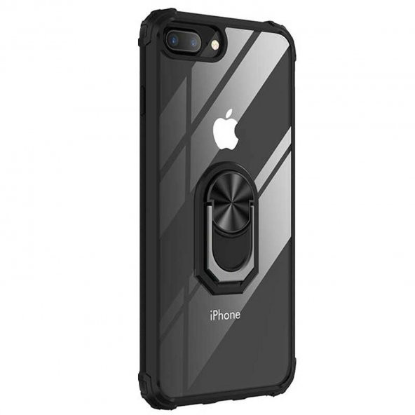 Apple iPhone 7 Plus Arka Şeffaf Yüzüklü Mıknatıslı Kapak Siyah
