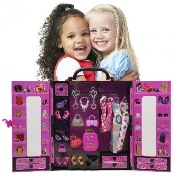 Sonsuz Hareket Bebekli Barbie Gardrobu,Barbi Çantalı Giysi Dolabı - 2