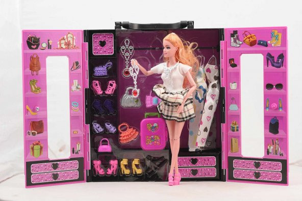 Sonsuz Hareket Bebekli Barbie Gardrobu,Barbi Çantalı Giysi Dolabı - 3