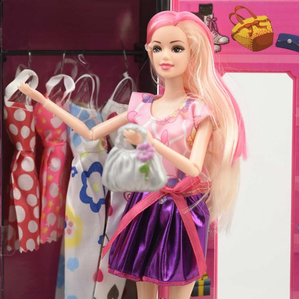 Sonsuz Hareket Bebekli Barbie Gardrobu,Barbi Çantalı Giysi Dolabı - 7
