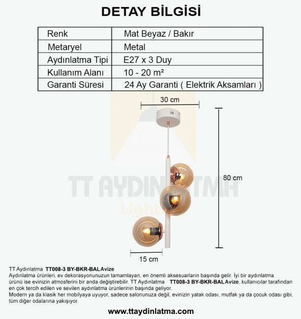 TT Aydınlatma TT008-3 BY  Beyaz-Bakır Renk Bal Camlı Lüks Avize - 5