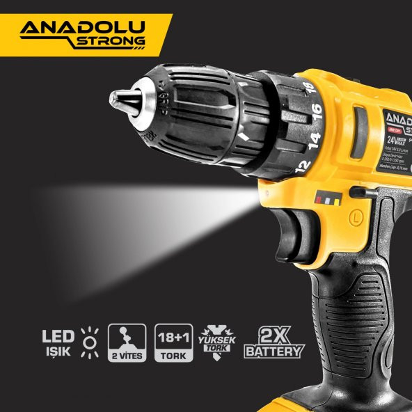 Anadolu Strong ANS1081  24 W Çift Akülü Li-ion Bataryalı Yüksek Torklu  Aksesuarlı Vidalama  Matkap - 4