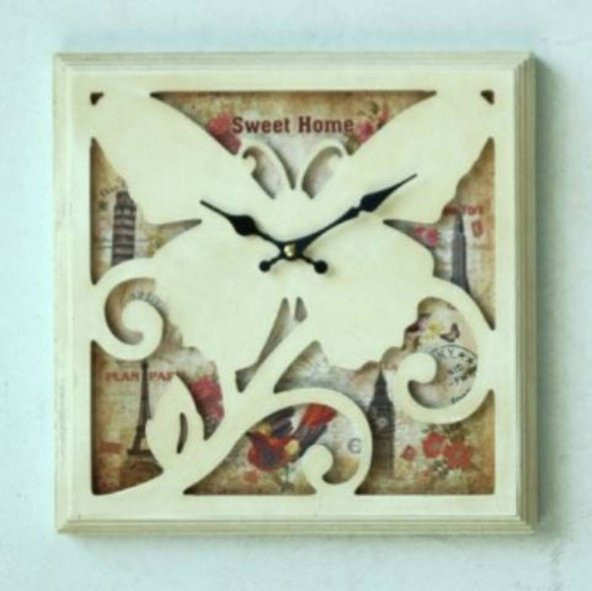MBA MUTFAK-AHŞAP SAATLER-Saatler-MB KARE KELEBEK KABARTMALI TEMALI DUVAR SAATİ-KÜÇÜK-30x30x3,5 CM