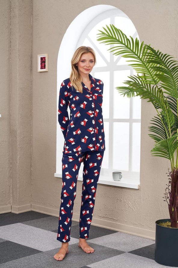 PJS 23535 Kadın Düğmeli Desenli Pijama Takım