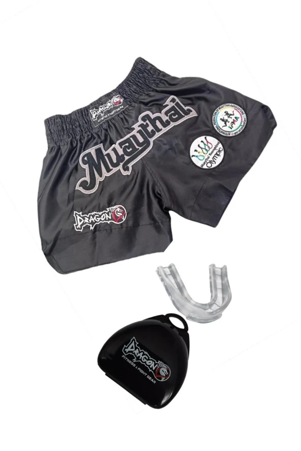 Dragondo Muay Thai Federasyon Onaylı Nakışlı Maç Şortu ve Şeffaf Dişlik 2'li Set
