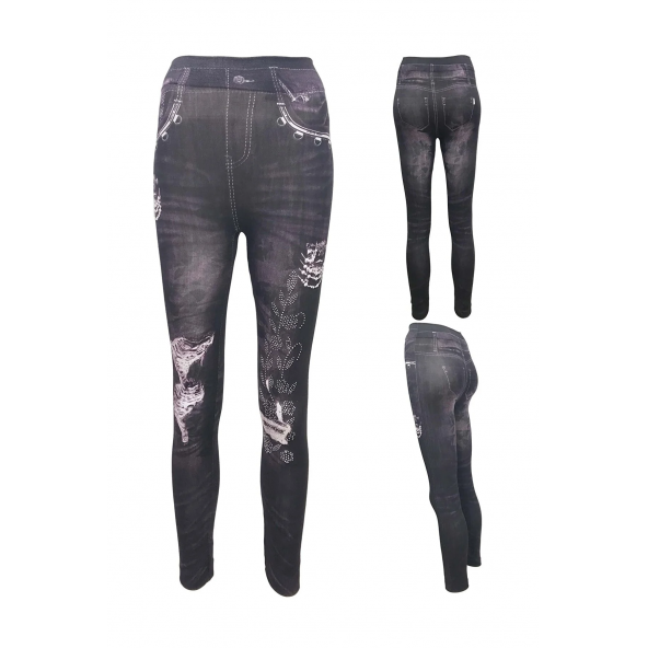 Kot Görünümlü Yaprak İşlemeli Mor Kadın Tayt No:12