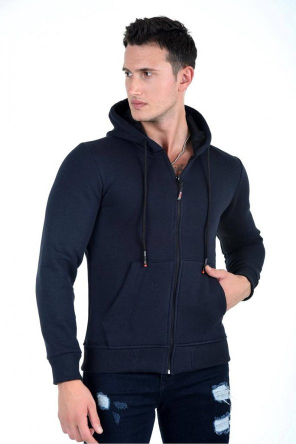 Kapüşonlu Fermuarlı Hoodie İçi Polarlı Kalın Sweathirt - 2