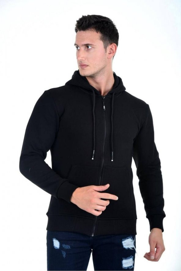 Kapüşonlu Fermuarlı Hoodie İçi Polarlı Kalın Sweathirt - 6