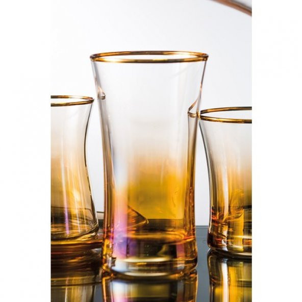 Kcd Soprano Sarı Kesme El Dekor Yaldızlı 6 Adet Desenli Su ve Meşrubat Bardak Takımı ürün görseli 1