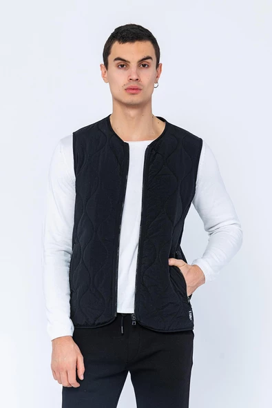 Erkek Regular Fit Bomber Yaka Fermuarlı Çok Cepli Kapitone Spor Yelek - 4