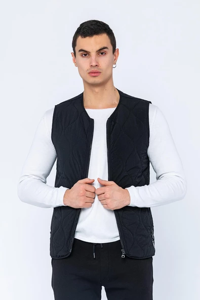 Erkek Regular Fit Bomber Yaka Fermuarlı Çok Cepli Kapitone Spor Yelek - 3