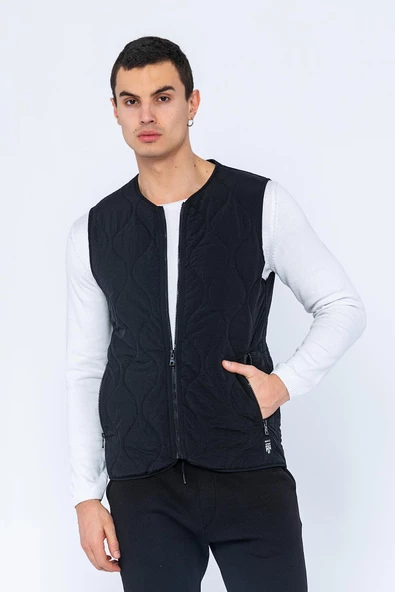 Erkek Regular Fit Bomber Yaka Fermuarlı Çok Cepli Kapitone Spor Yelek - 2