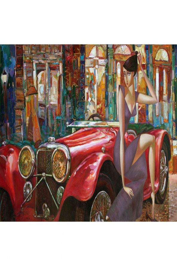 Canvas Klasik Araba Ve Kadın Sayılarla Boyama Seti   Kasnaklı 70 x 90 cm