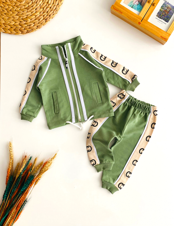 Neşeli Bebekler Gucci Desen Önden Fermuarlı Penye Takım Yeşil