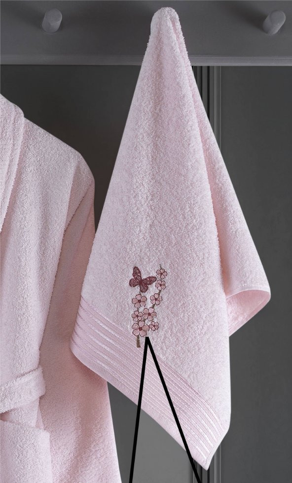 Alya Nakışlı Pamuklu 2 Parça Bornoz Seti Pembe - 4