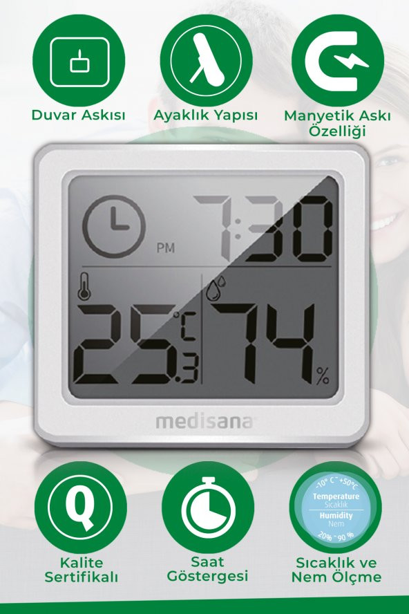 Medisana Alman Tasarım Dijital Ekranlı  Saat Sıcaklık Isı Nem Ölçer Termometre - 4