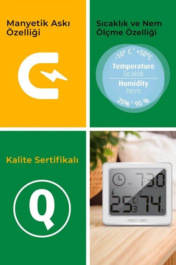 Medisana Alman Tasarım Dijital Ekranlı  Saat Sıcaklık Isı Nem Ölçer Termometre - 5