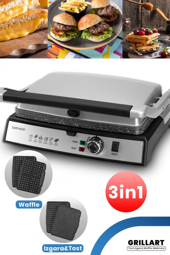 Goldmaster Grillart 2200 Watt 3in1 Granit Çıkarılabilir Plaka Waffle Izgara Tost Makinesi