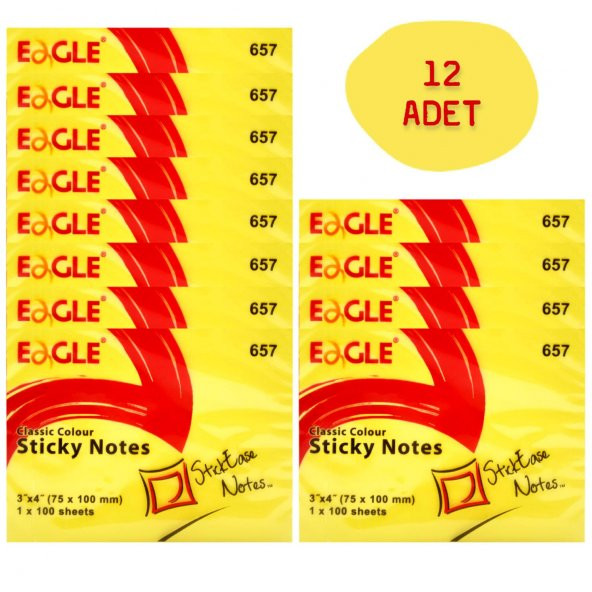 Eagle 75x100 mm Klasik Renk Yapışkanlı Not Kağıdı 100 Yaprak Sarı (657) 12 Adet