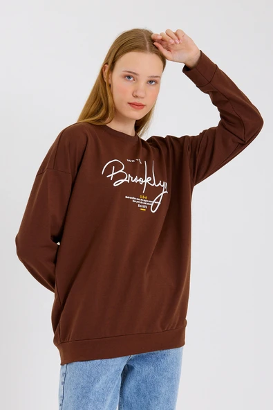 Süperlife Kadın Bisiklet Yaka Oversize Fit El Yazılı Brooklyn İnce Sweatshirt SPR23SWK331 - 6