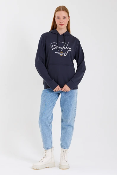 Süperlife Kadın Kapşonlu Regular Fit El Yazılı Brooklyn Baskılı İnce Sweatshirt SPR23SWk361 - Resim 3