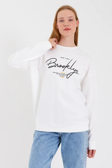 Süperlife Kadın Bisiklet Yaka Regular Fit El Yazılı Brooklyn İnce Sweatshirt SPR23SWK331 - 4