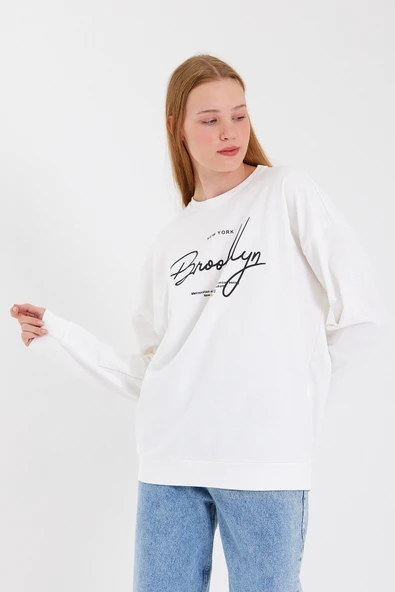Süperlife Kadın Bisiklet Yaka Regular Fit El Yazılı Brooklyn İnce Sweatshirt SPR23SWK331 - 3